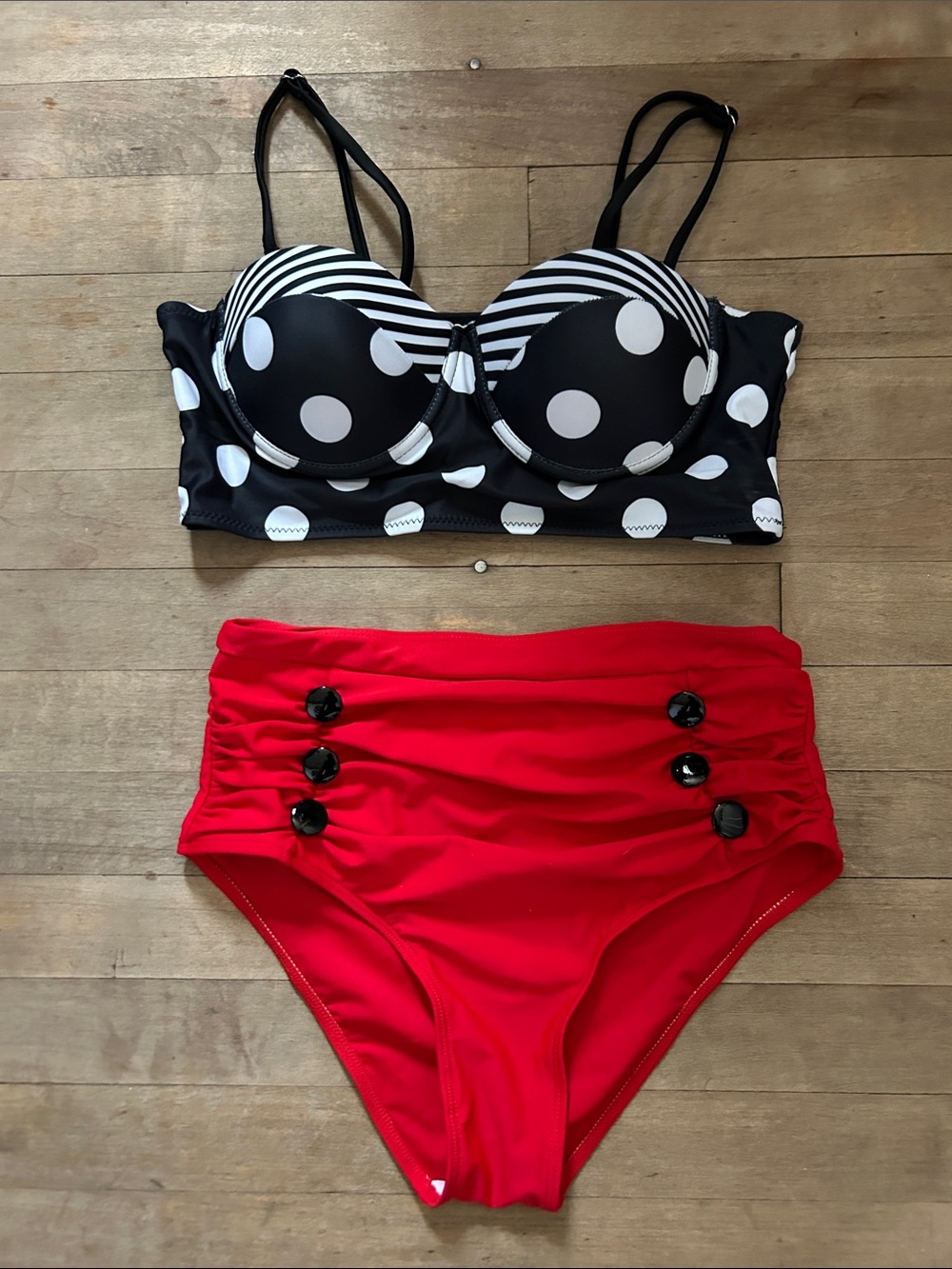 Polka Dot Black & White Bandeau Bikini Top with Red High-Waist Bottoms